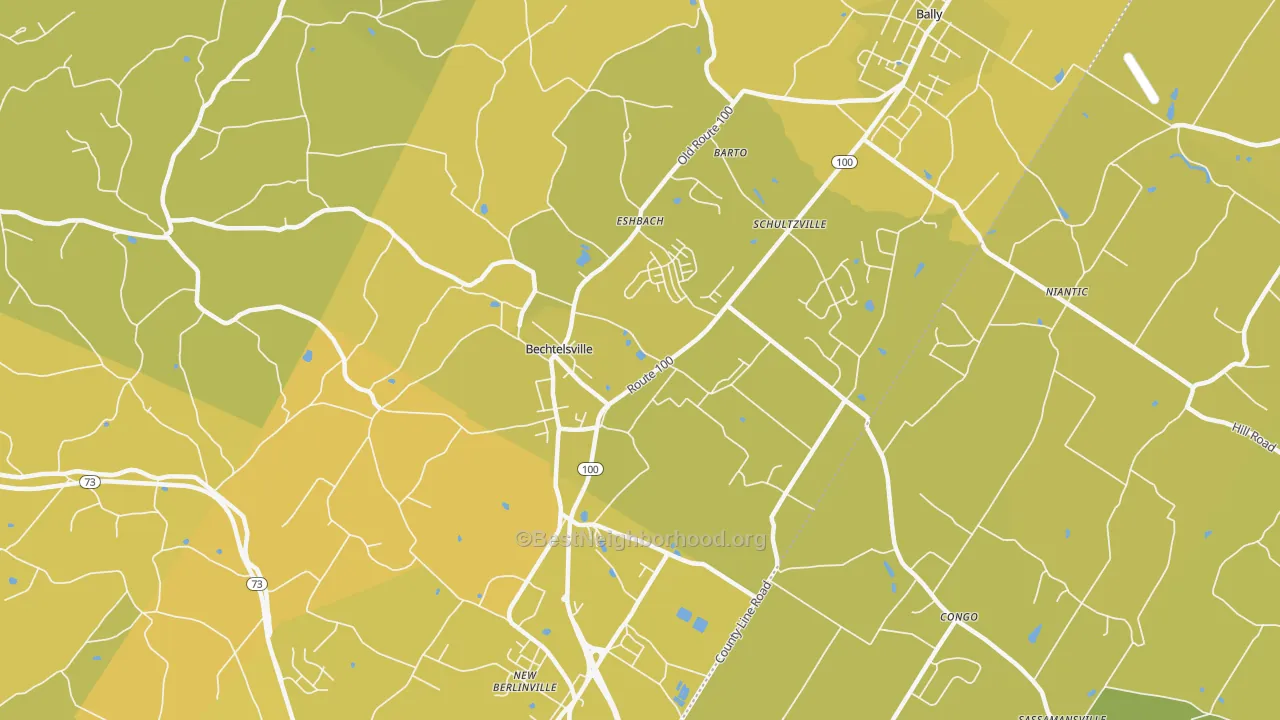Map of the best neighborhoods in the Bechtelsville area, with better matches in green and worse matches in red