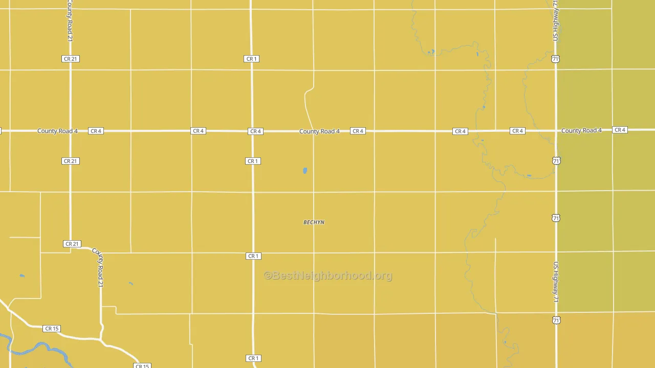 Map of the best neighborhoods in the Bechyn area, with better matches in green and worse matches in red