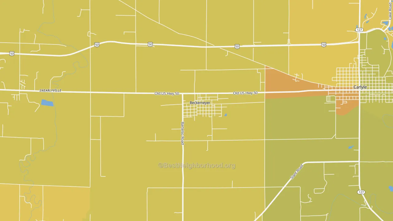 Map of the best neighborhoods in the Beckemeyer area, with better matches in green and worse matches in red