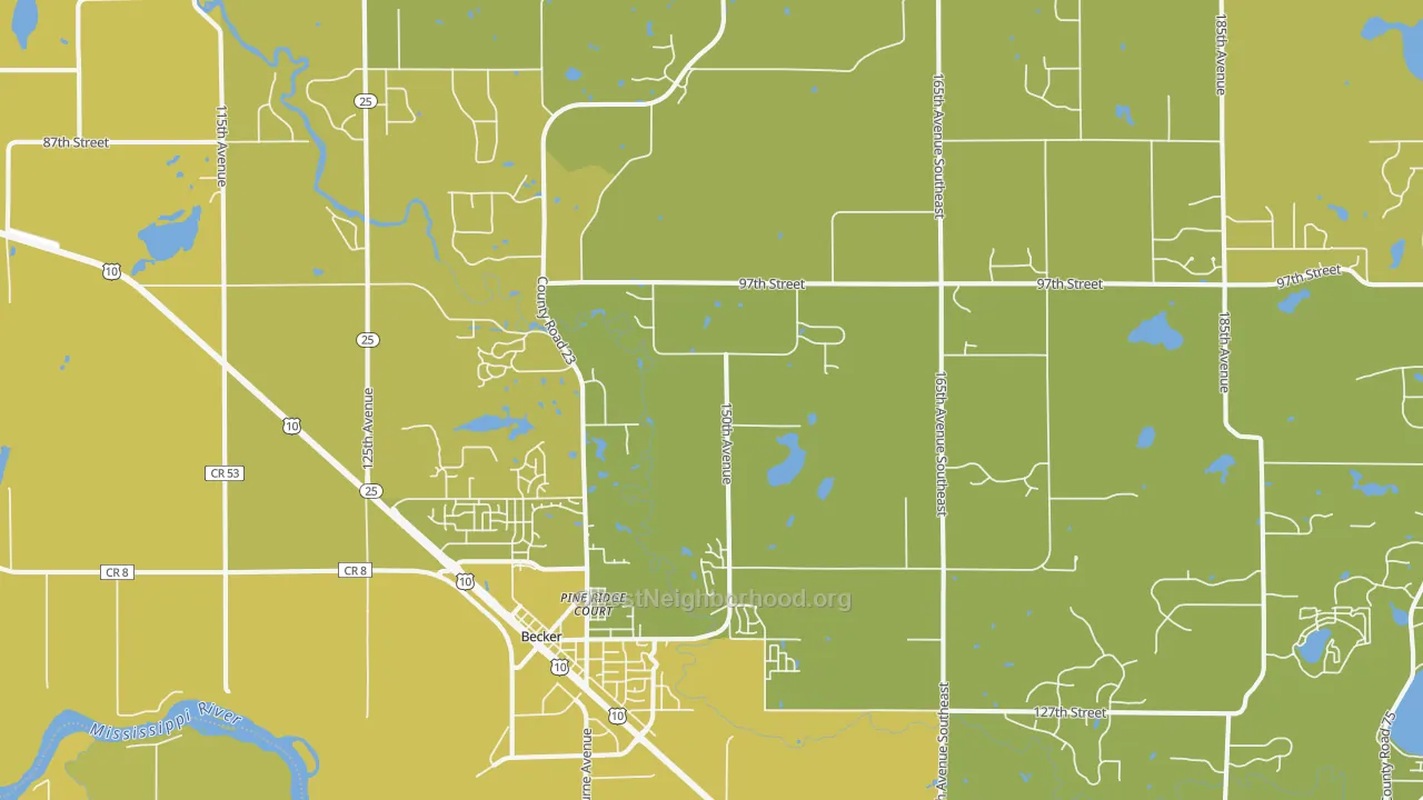 Map of the best neighborhoods in the Becker area, with better matches in green and worse matches in red