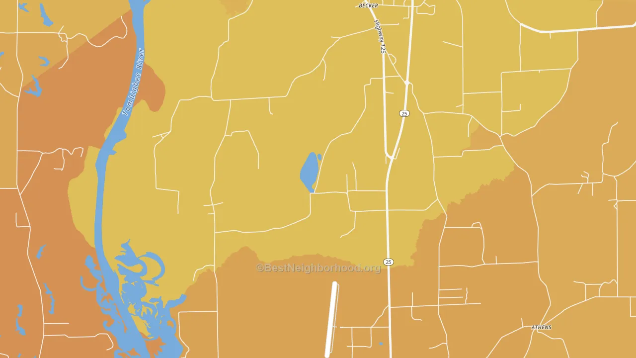 Map of the best neighborhoods in the Becker area, with better matches in green and worse matches in red