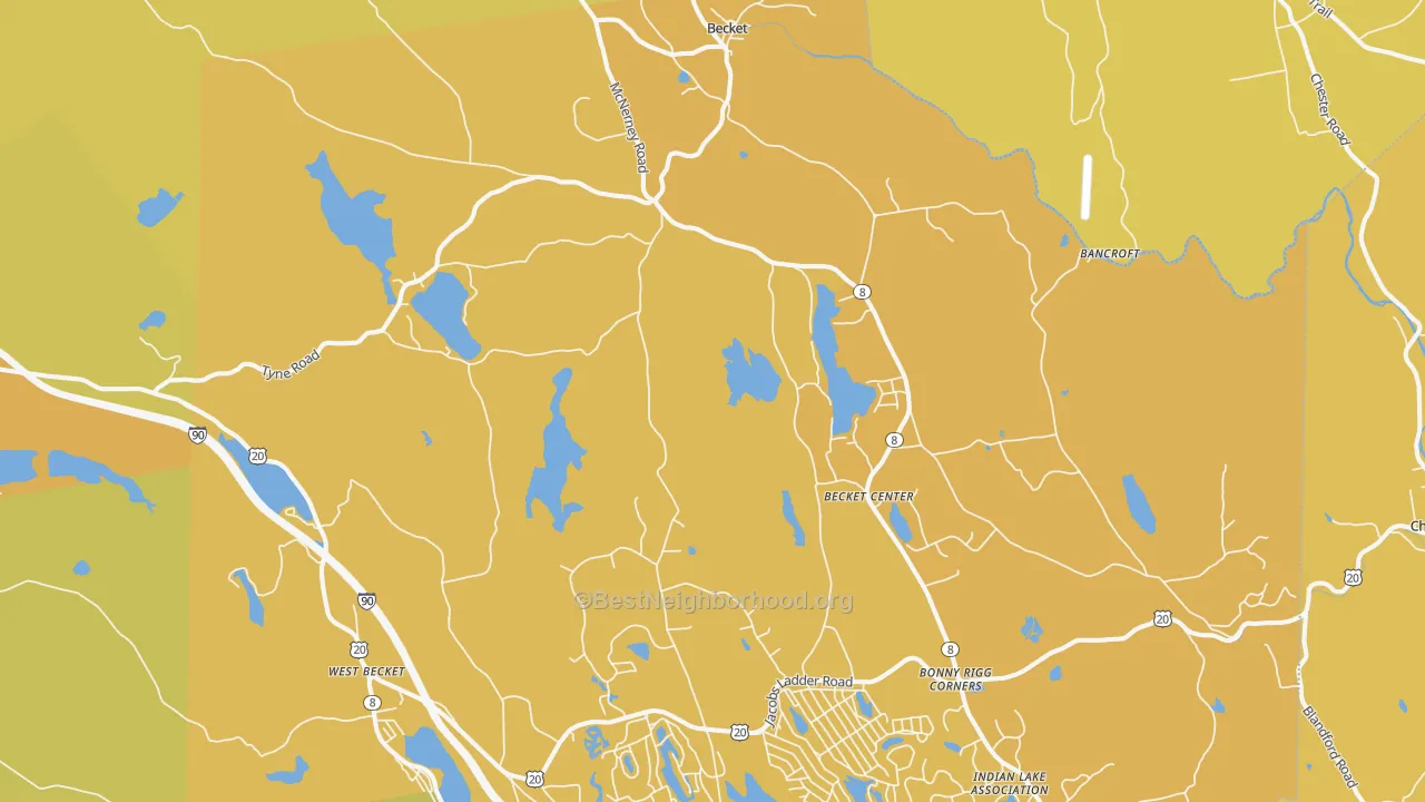 Map of the best neighborhoods in the Becket area, with better matches in green and worse matches in red