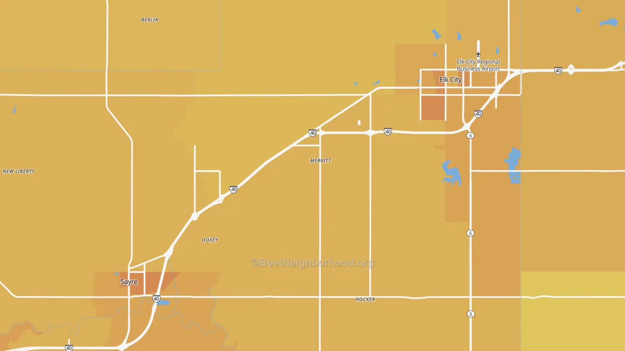 Map of the best neighborhoods in the Beckham County area, with better matches in green and worse matches in red