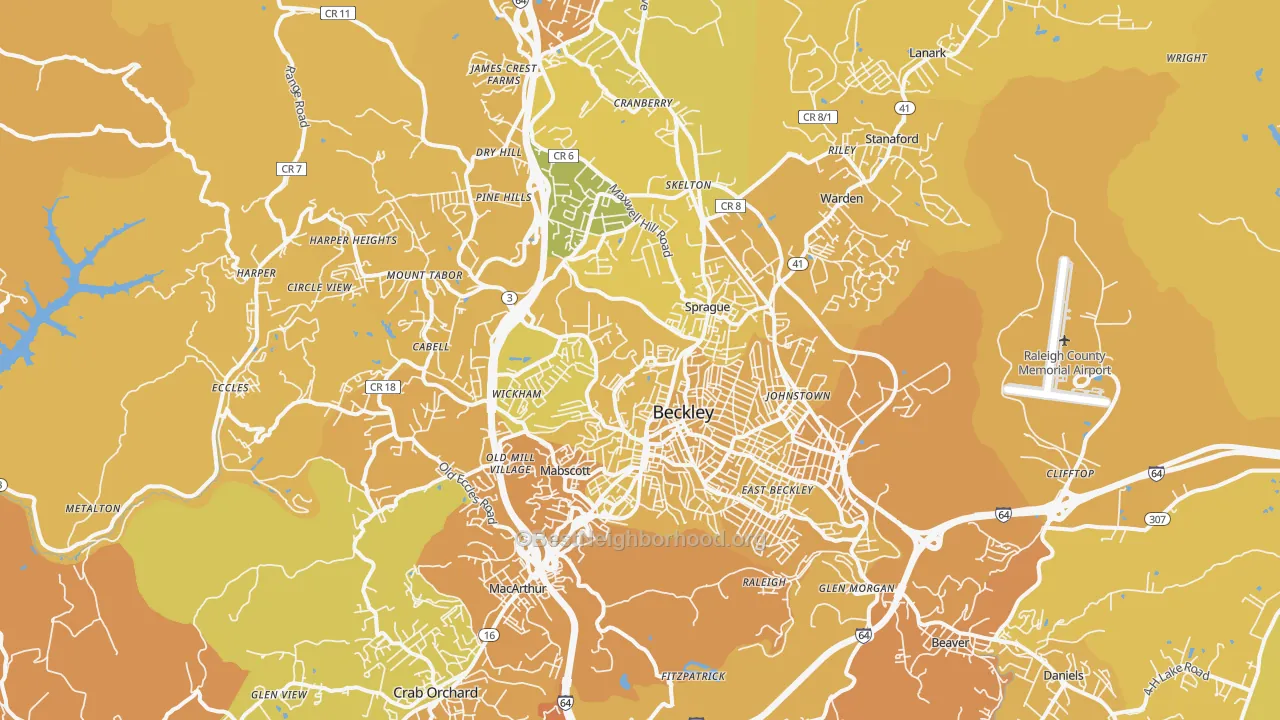 Map of the best neighborhoods in the Beckley Metro area, with better matches in green and worse matches in red