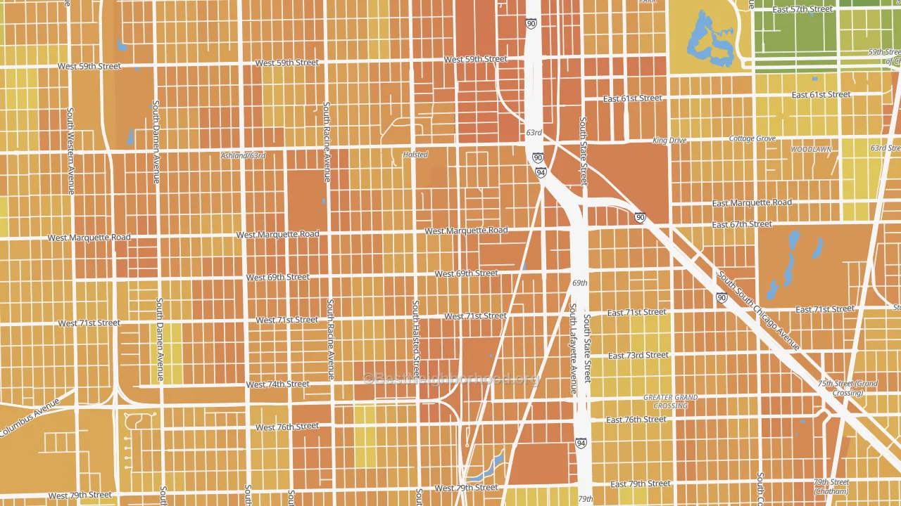Map of the best neighborhoods in the Becks Park, Chicago area, with better matches in green and worse matches in red