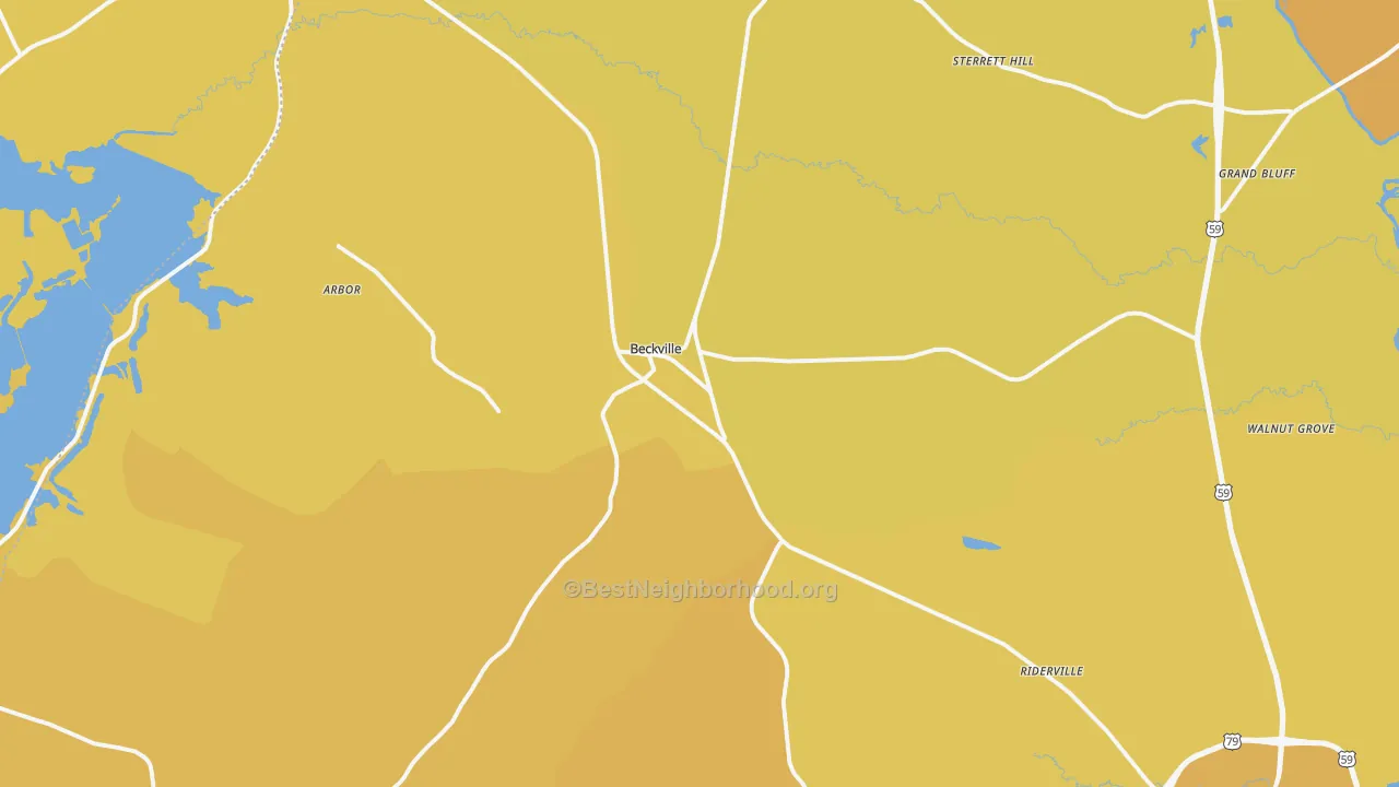 Map of the best neighborhoods in the Beckville area, with better matches in green and worse matches in red