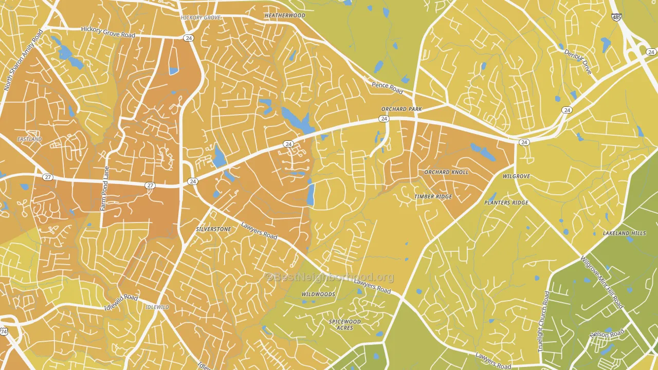 Map of the best neighborhoods in the Becton Park, Charlotte area, with better matches in green and worse matches in red