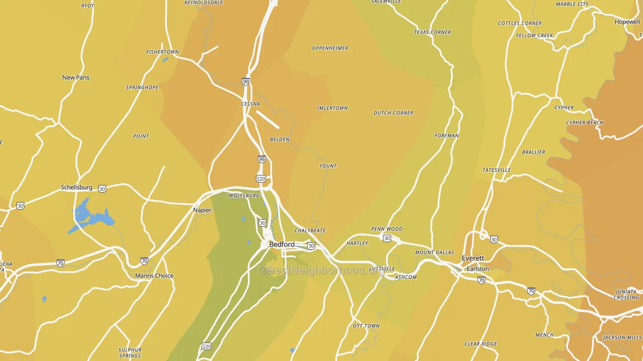 Map of the best neighborhoods in the Bedford County area, with better matches in green and worse matches in red