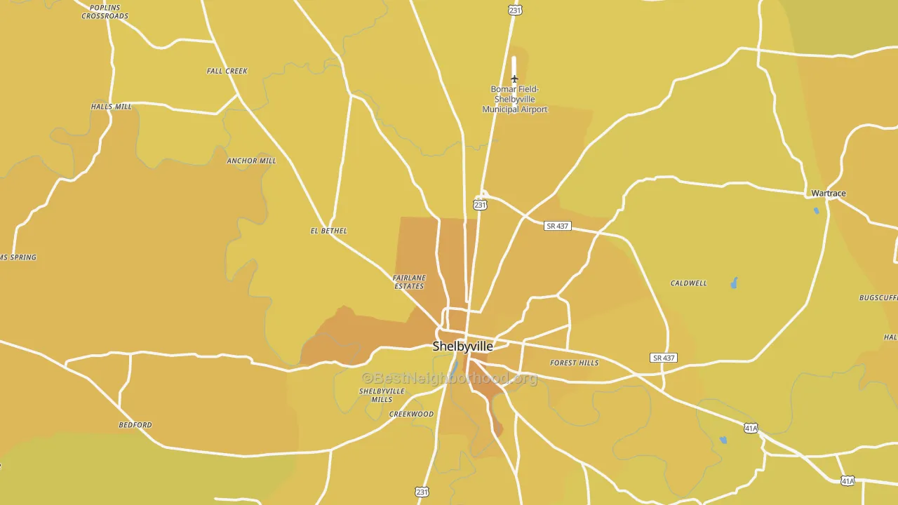 Map of the best neighborhoods in the Bedford County area, with better matches in green and worse matches in red