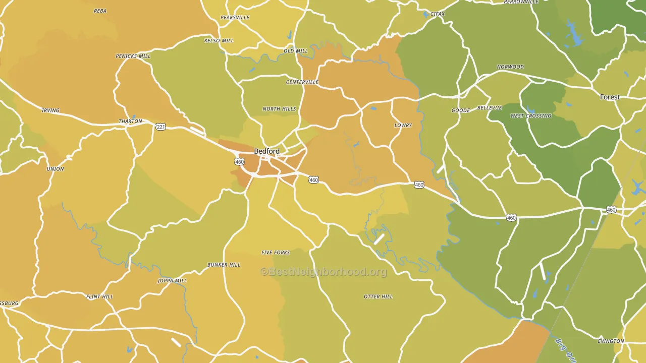 Map of the best neighborhoods in the Bedford County area, with better matches in green and worse matches in red
