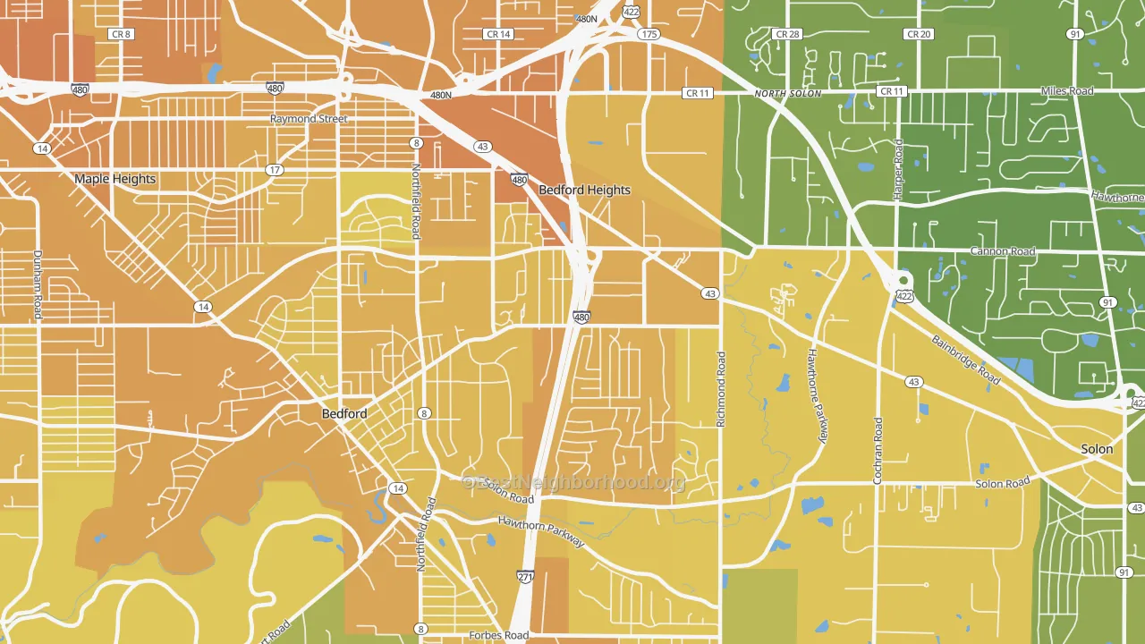 Map of the best neighborhoods in the Bedford Heights area, with better matches in green and worse matches in red