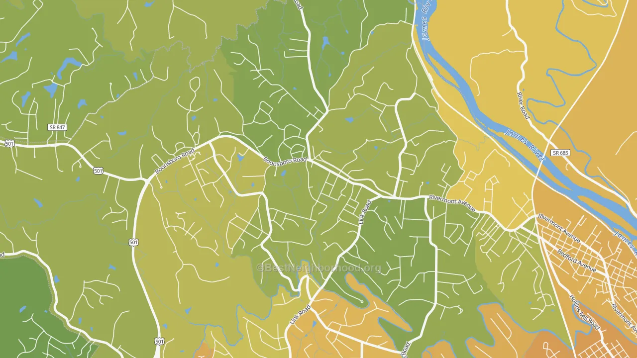 Map of the best neighborhoods in the Bedford Hills, Lynchburg area, with better matches in green and worse matches in red