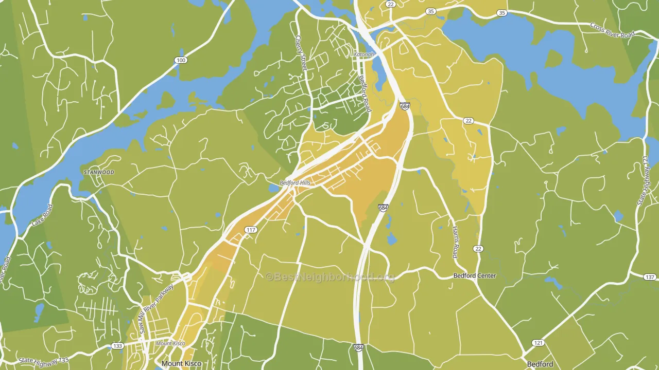 Map of the best neighborhoods in the Bedford Hills area, with better matches in green and worse matches in red