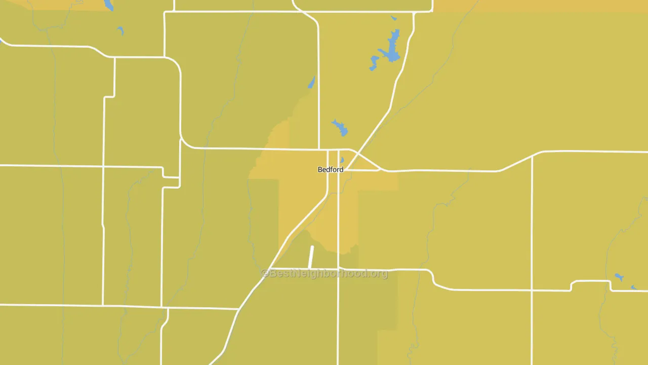 Map of the best neighborhoods in the Bedford area, with better matches in green and worse matches in red