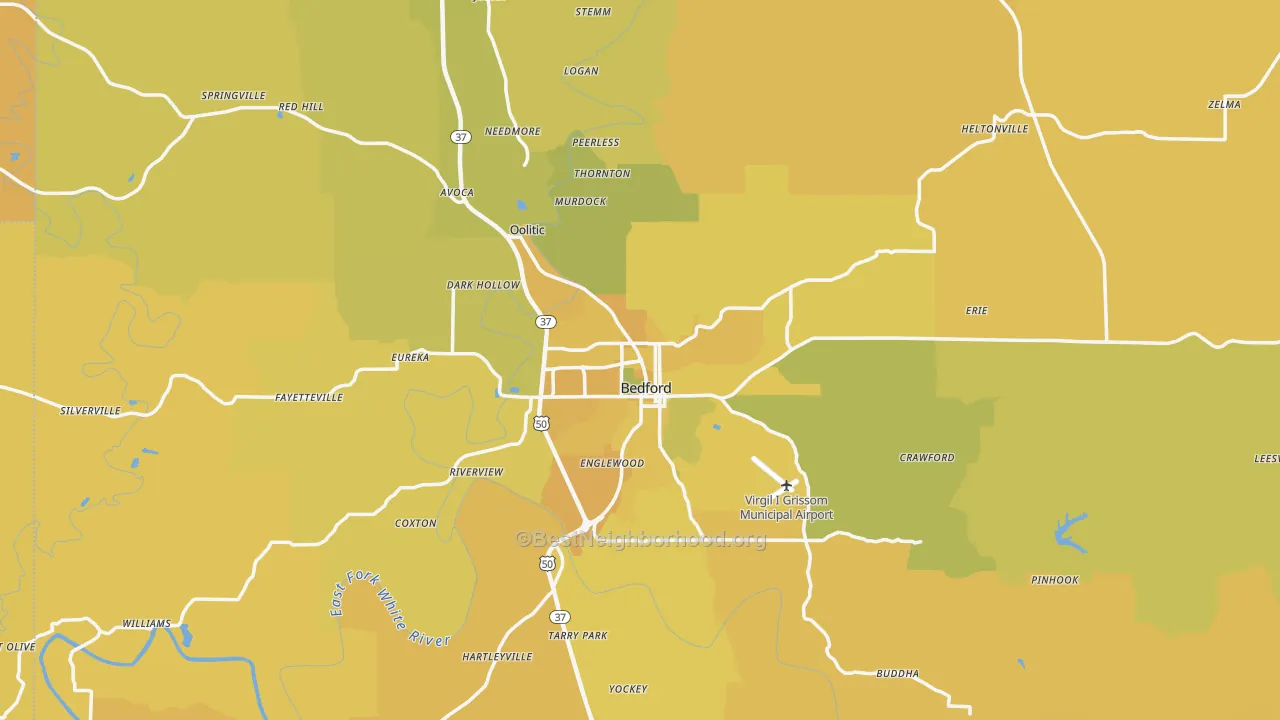 Map of the best neighborhoods in the Bedford area, with better matches in green and worse matches in red