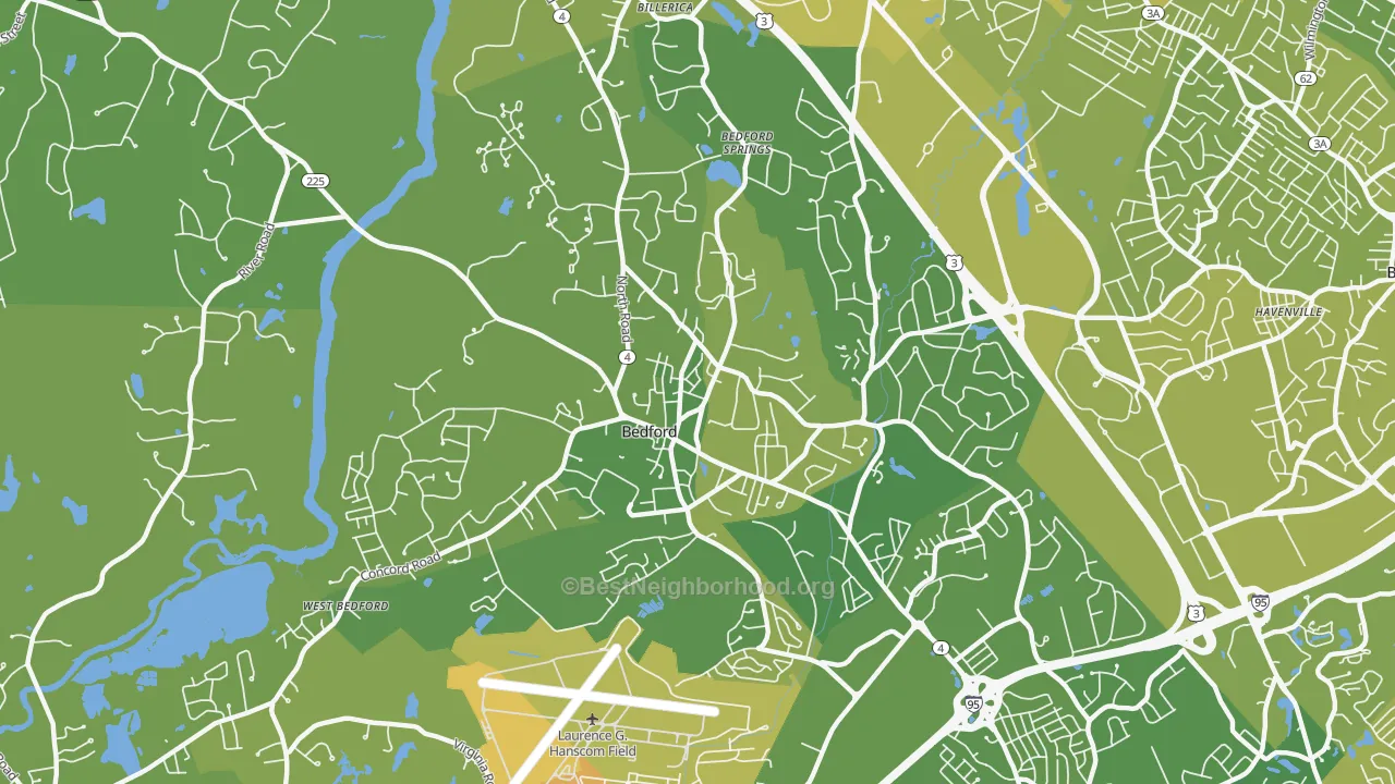 Map of the best neighborhoods in the Bedford area, with better matches in green and worse matches in red