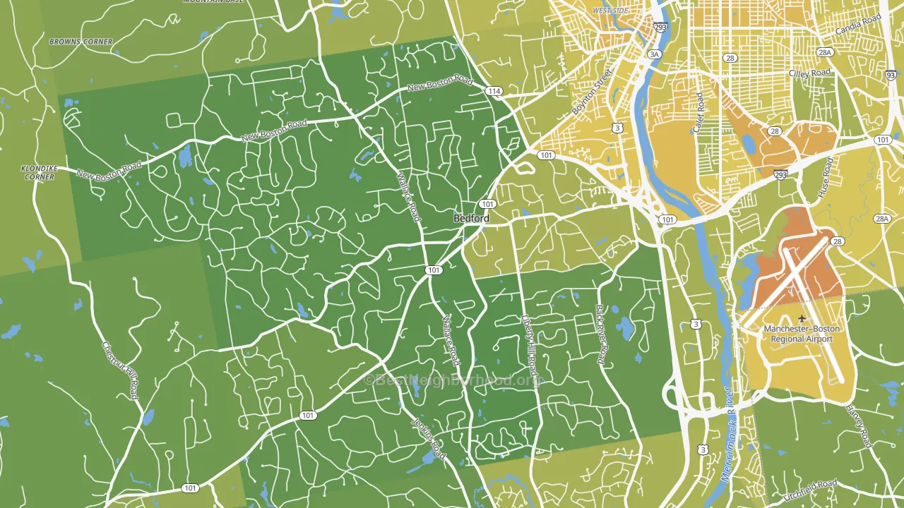 Map of the best neighborhoods in the Bedford area, with better matches in green and worse matches in red