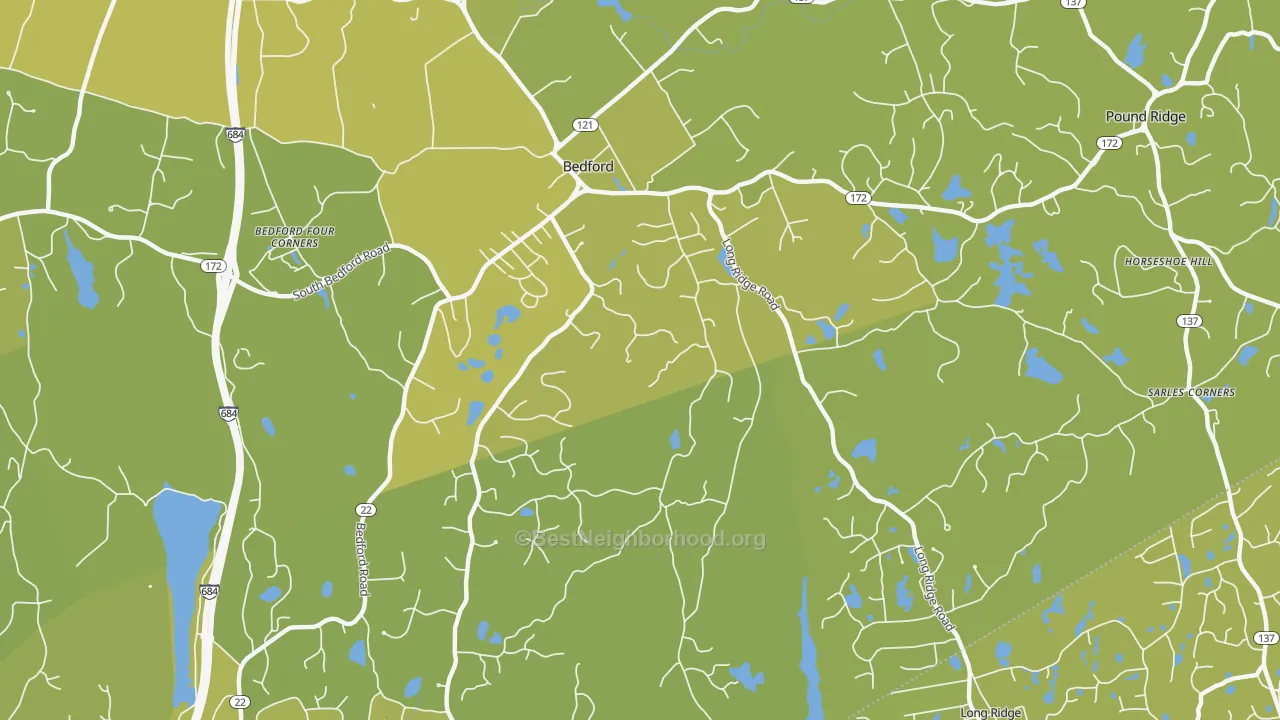 Map of the best neighborhoods in the Bedford area, with better matches in green and worse matches in red