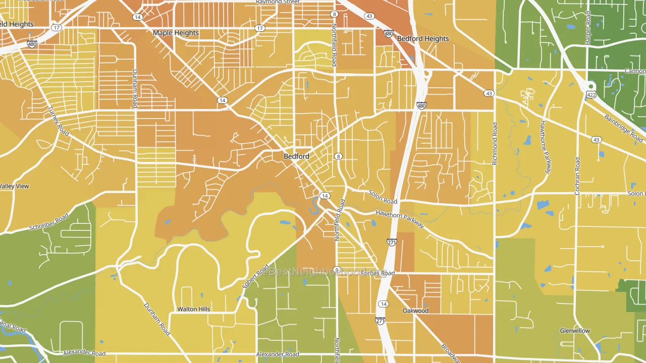 Map of the best neighborhoods in the Bedford area, with better matches in green and worse matches in red