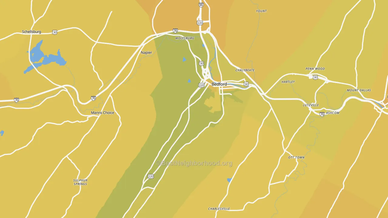 Map of the best neighborhoods in the Bedford area, with better matches in green and worse matches in red