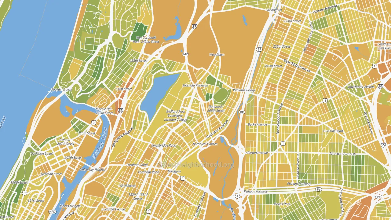 Map of the best neighborhoods in the Bedford Park, Bronx area, with better matches in green and worse matches in red