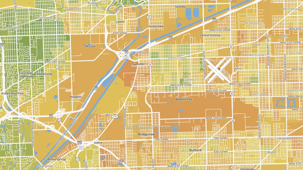 Map of the best neighborhoods in the Bedford Park area, with better matches in green and worse matches in red