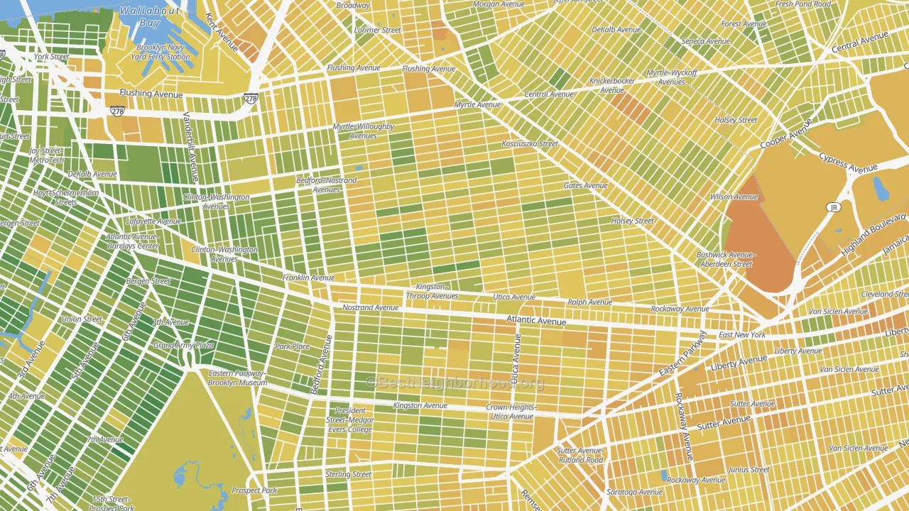 Map of the best neighborhoods in the Bedford-Stuyvesant, Brooklyn area, with better matches in green and worse matches in red