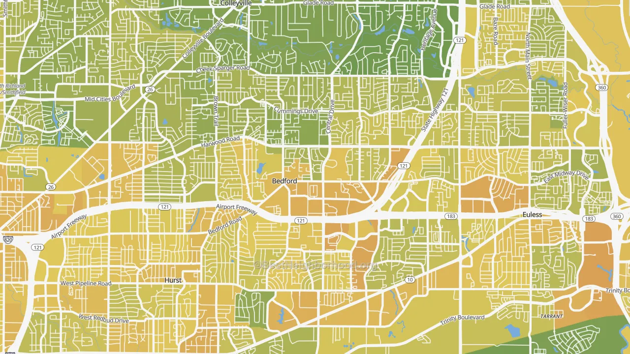 Map of the best neighborhoods in the Bedford area, with better matches in green and worse matches in red