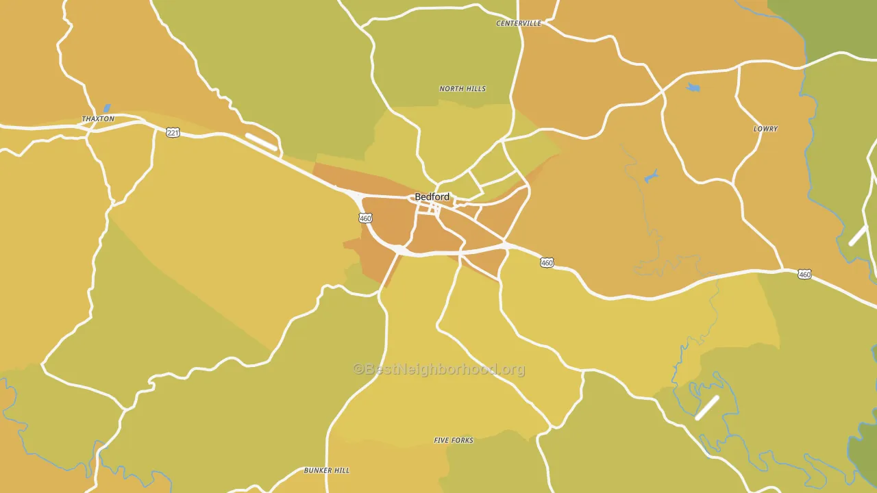 Map of the best neighborhoods in the Bedford area, with better matches in green and worse matches in red