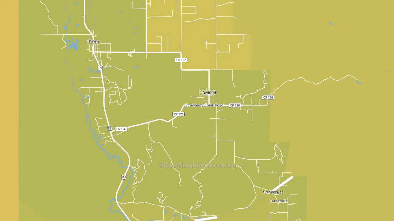 Map of the best neighborhoods in the Bedford area, with better matches in green and worse matches in red