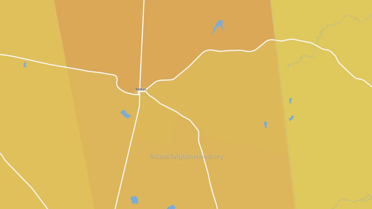 Map of the best neighborhoods in the Bedias area, with better matches in green and worse matches in red