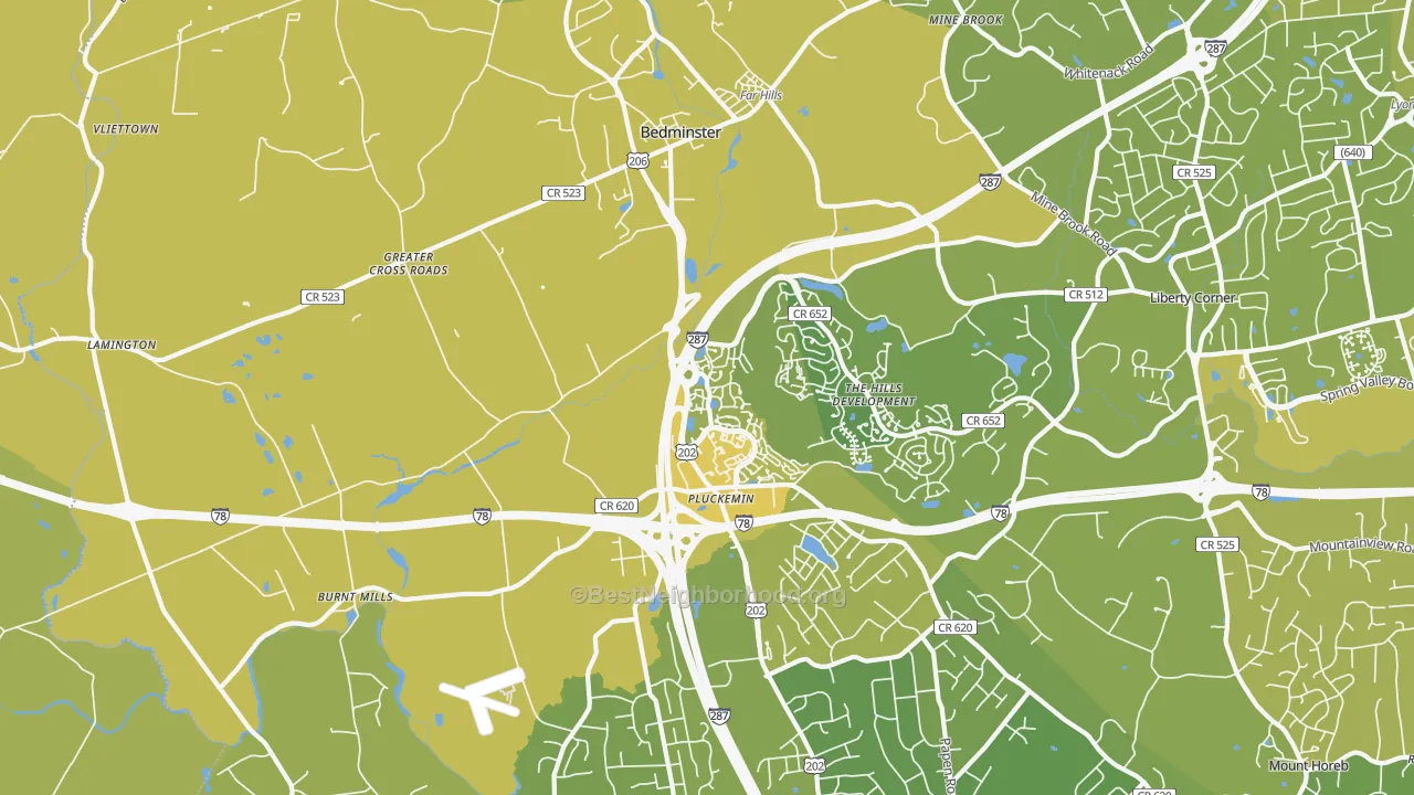 Map of the best neighborhoods in the Bedminster area, with better matches in green and worse matches in red