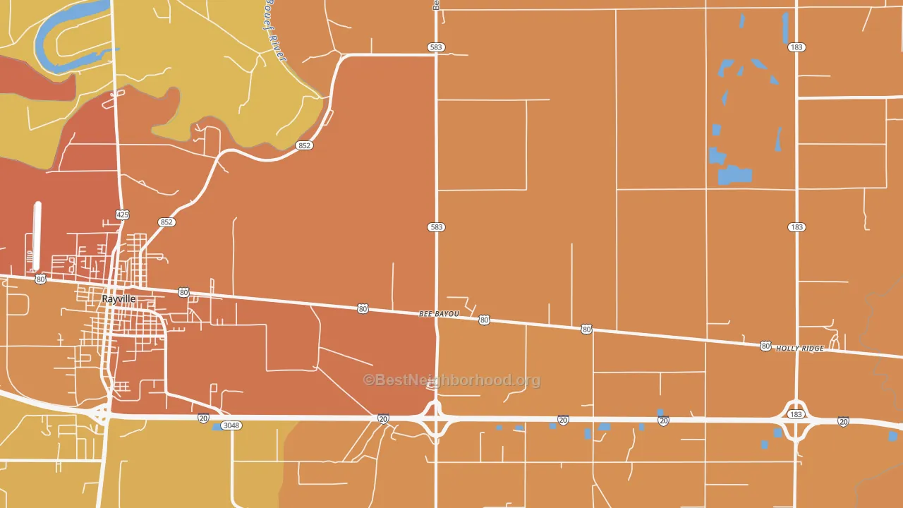 Map of the best neighborhoods in the Bee Bayou area, with better matches in green and worse matches in red