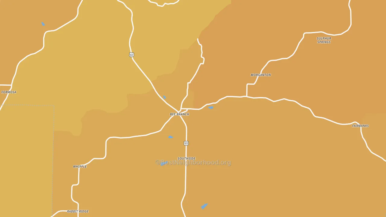 Map of the best neighborhoods in the Bee Branch area, with better matches in green and worse matches in red