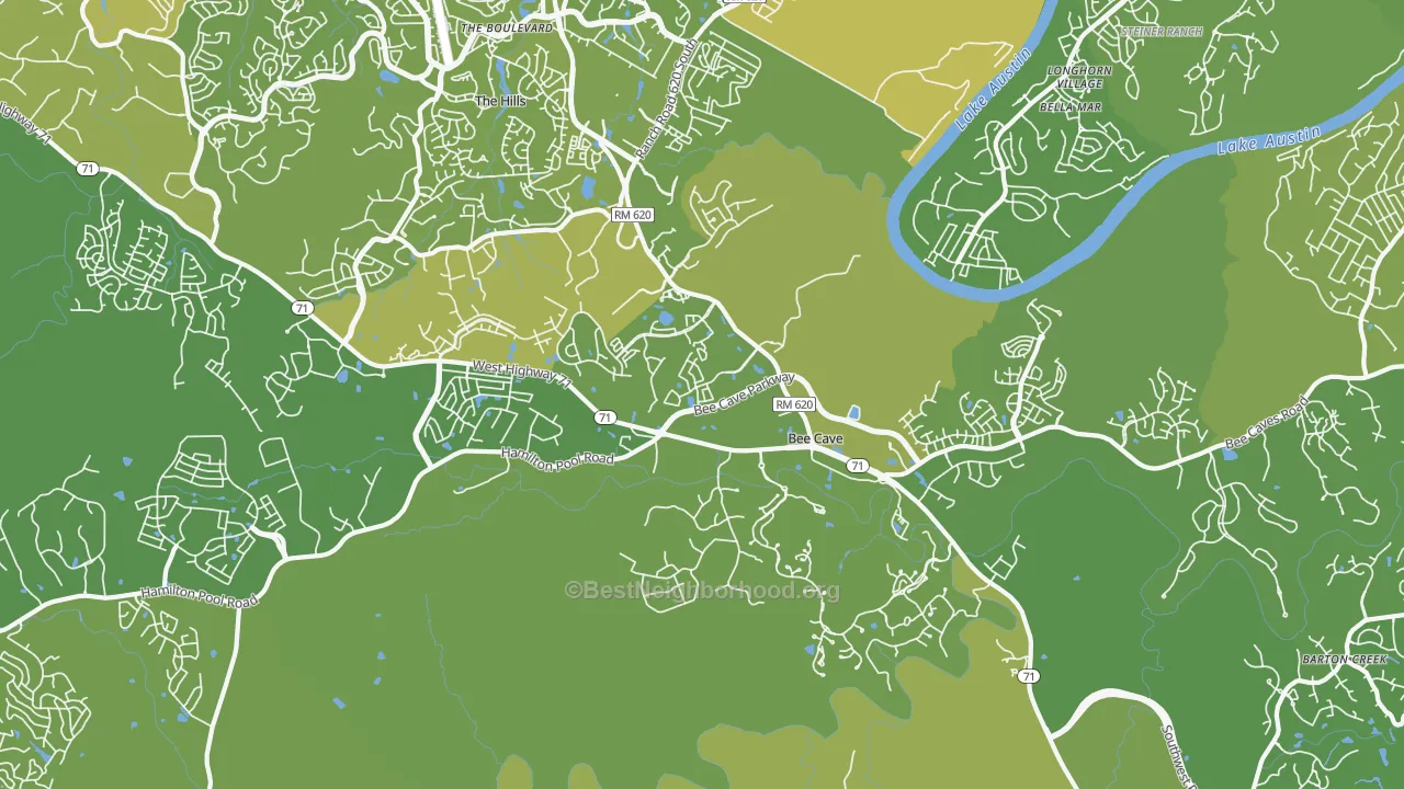 Map of the best neighborhoods in the Bee Cave area, with better matches in green and worse matches in red