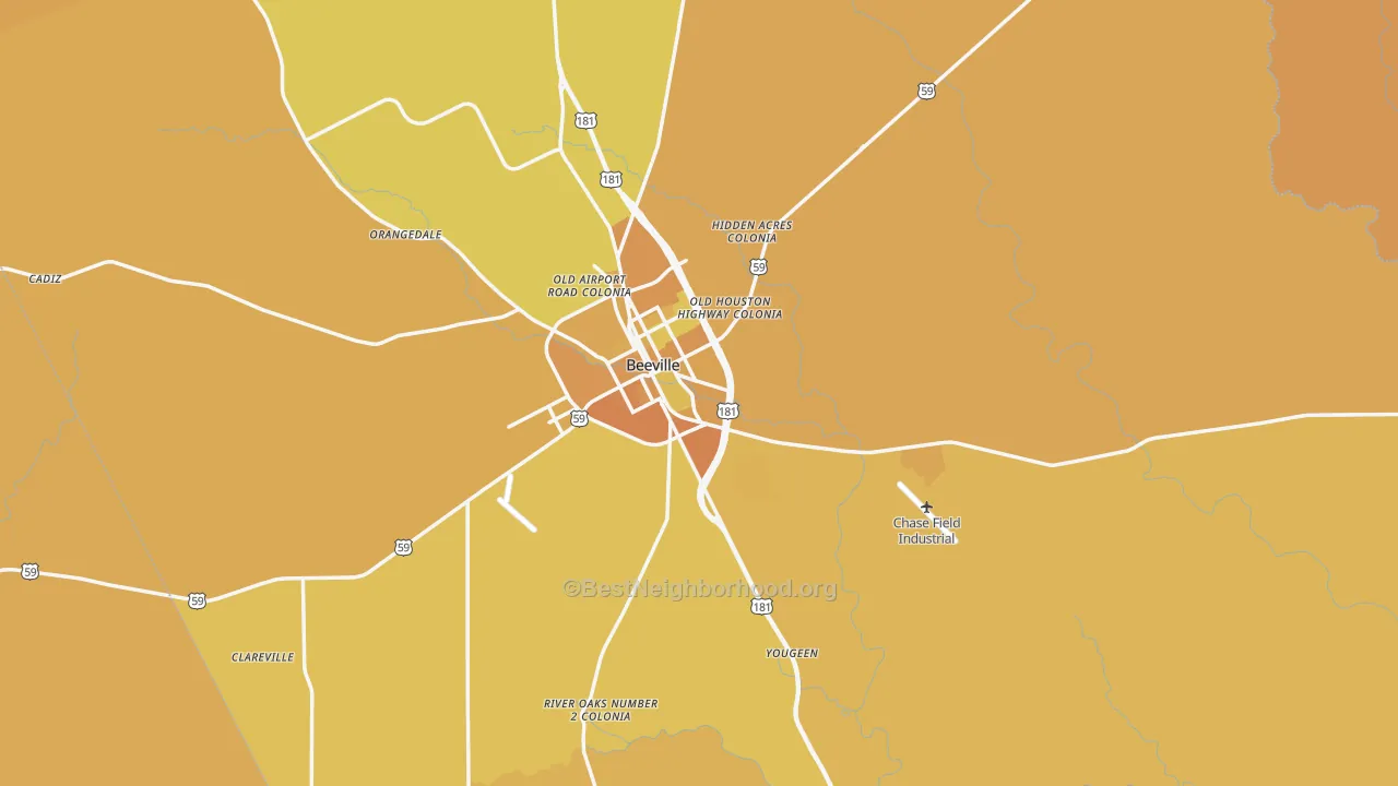 Map of the best neighborhoods in the Bee County area, with better matches in green and worse matches in red