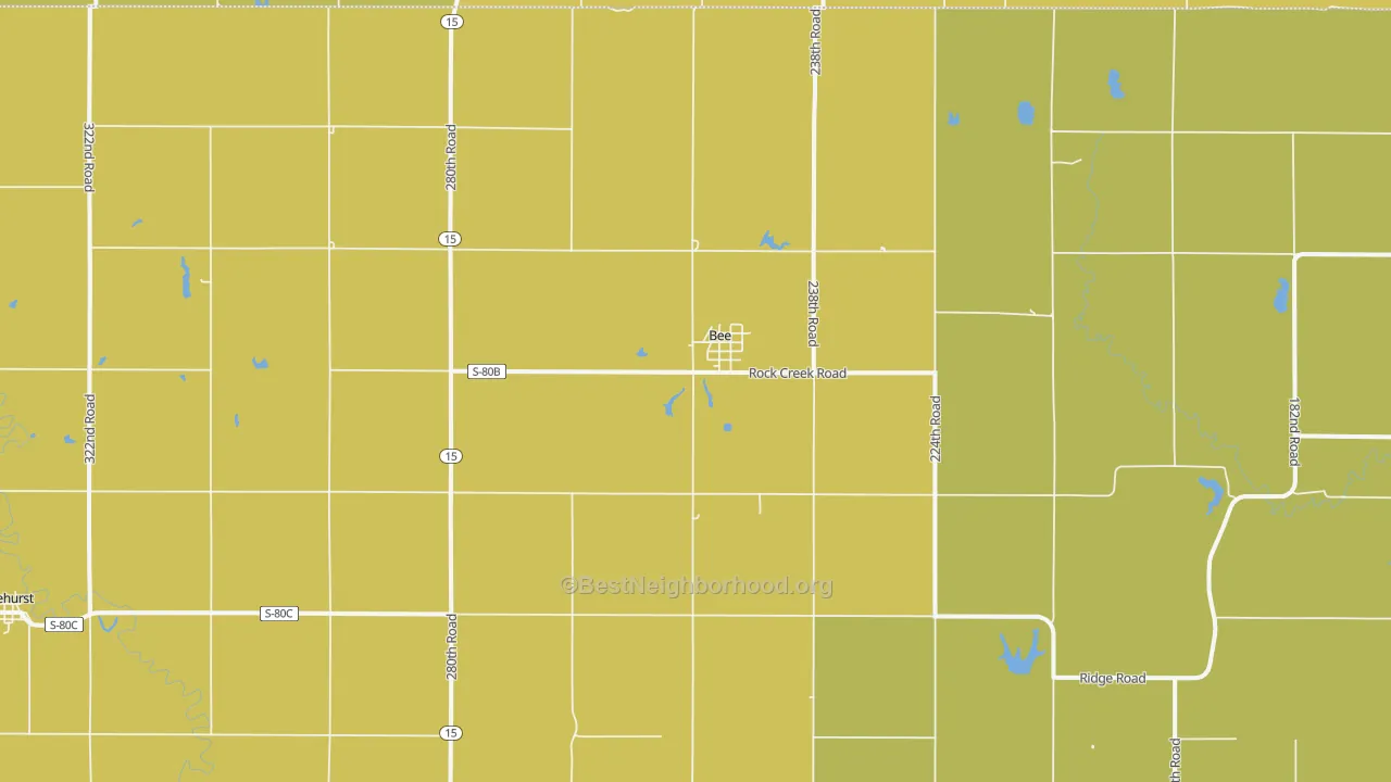 Map of the best neighborhoods in the Bee area, with better matches in green and worse matches in red