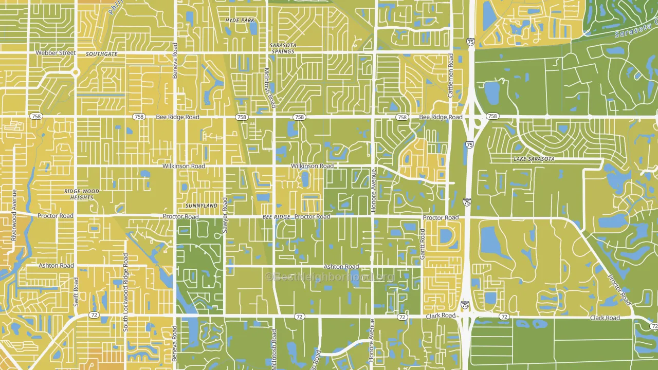 Map of the best neighborhoods in the Bee Ridge area, with better matches in green and worse matches in red