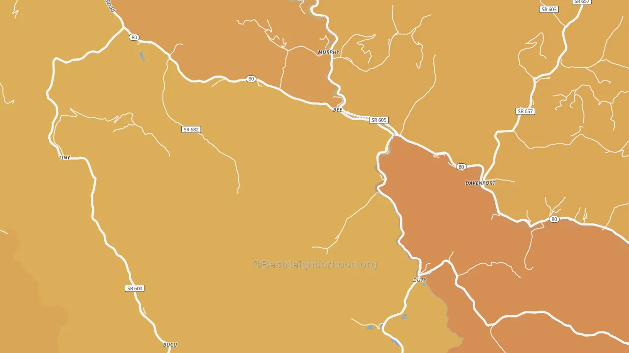 Map of the best neighborhoods in the Bee area, with better matches in green and worse matches in red