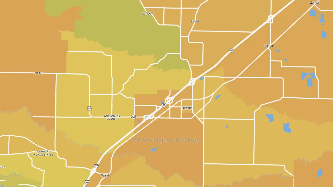 Map of the best neighborhoods in the Beebe area, with better matches in green and worse matches in red