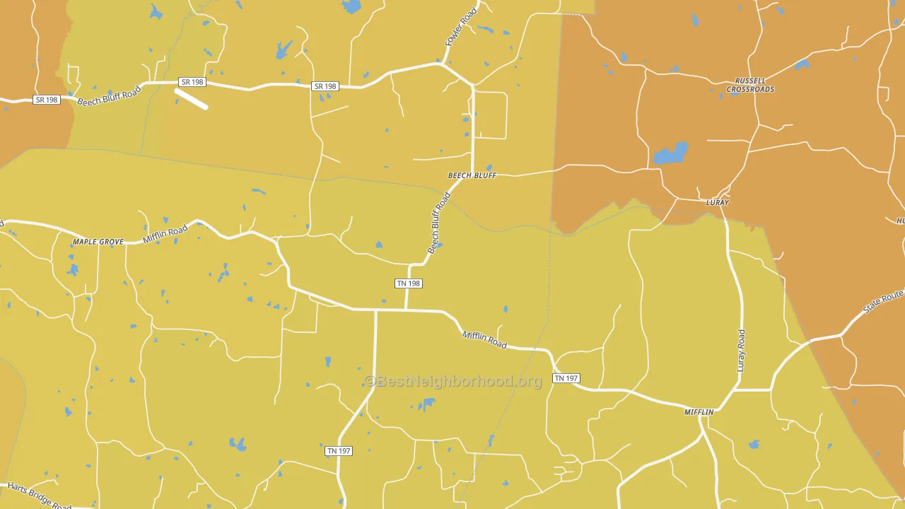 Map of the best neighborhoods in the Beech Bluff area, with better matches in green and worse matches in red