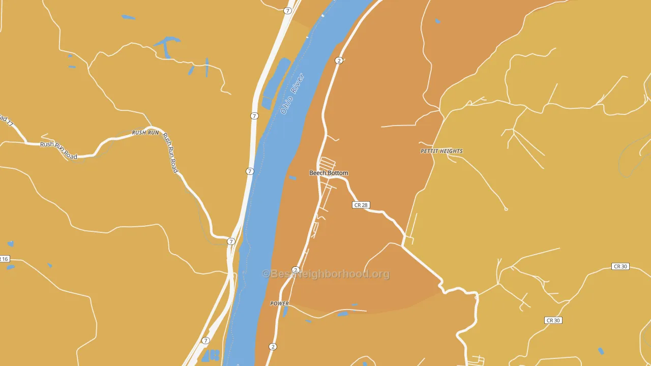 Map of the best neighborhoods in the Beech Bottom area, with better matches in green and worse matches in red