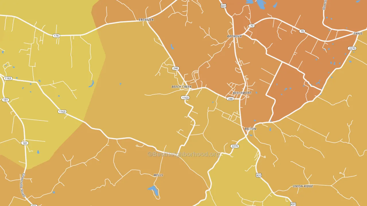 Map of the best neighborhoods in the Beech Creek area, with better matches in green and worse matches in red