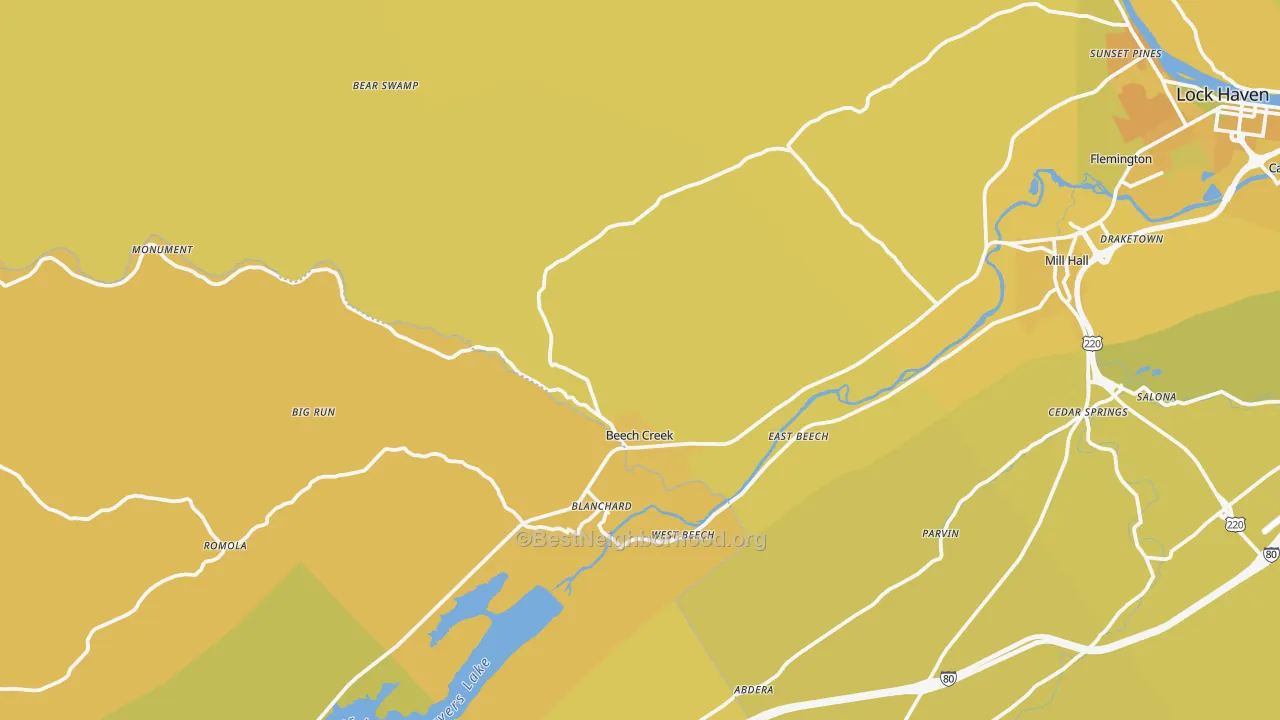 Map of the best neighborhoods in the Beech Creek area, with better matches in green and worse matches in red
