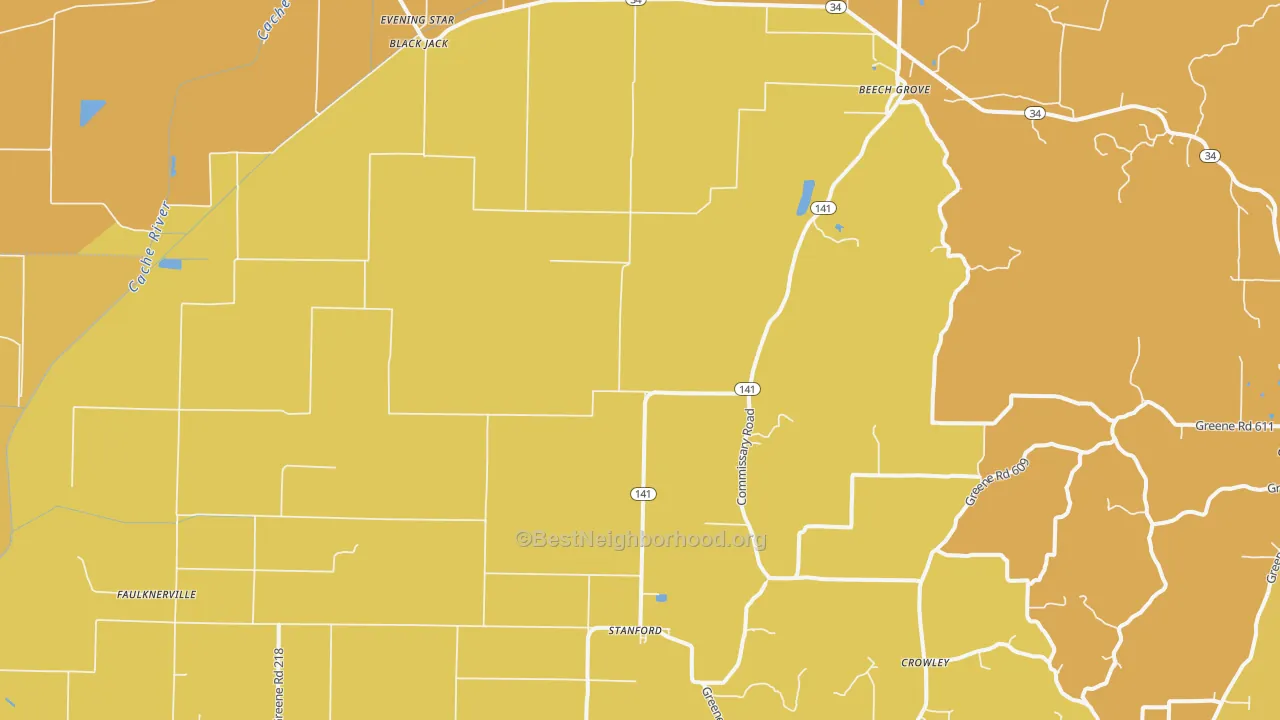 Map of the best neighborhoods in the Beech Grove area, with better matches in green and worse matches in red