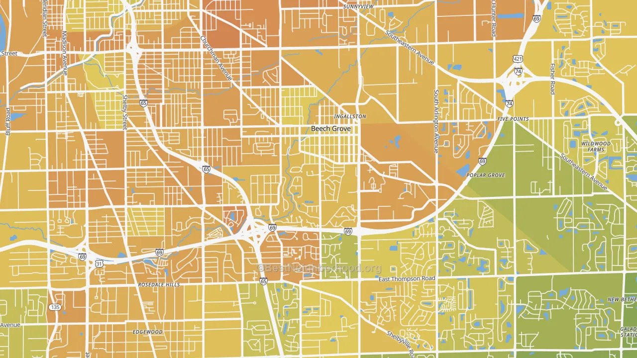 Map of the best neighborhoods in the Beech Grove area, with better matches in green and worse matches in red
