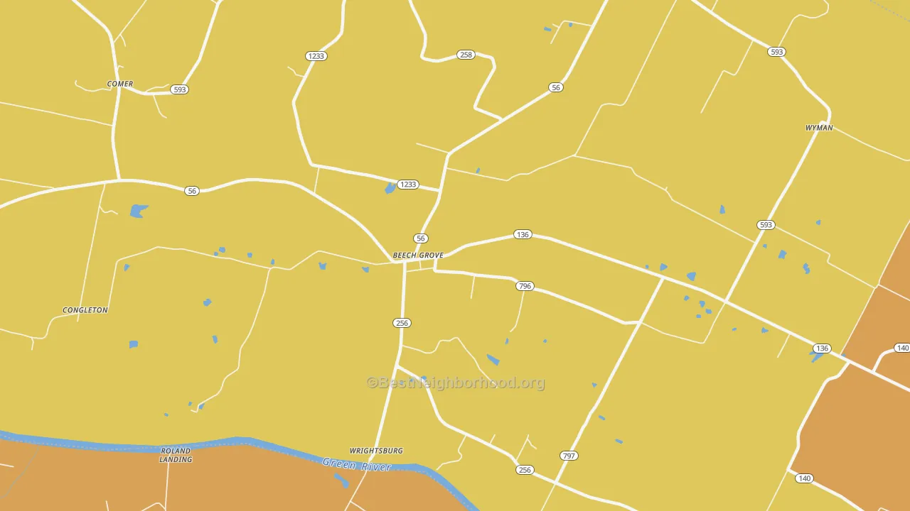 Map of the best neighborhoods in the Beech Grove area, with better matches in green and worse matches in red