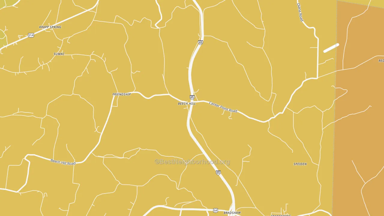Map of the best neighborhoods in the Beech Hill area, with better matches in green and worse matches in red