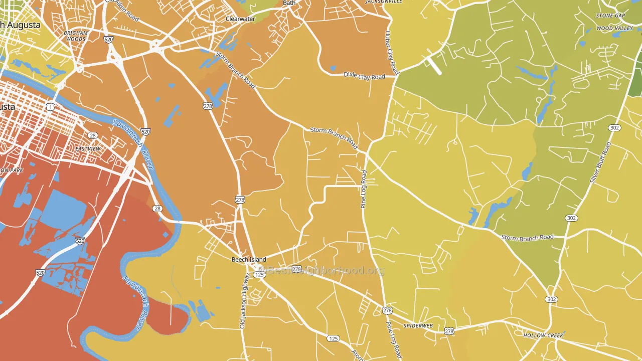 Map of the best neighborhoods in the Beech Island area, with better matches in green and worse matches in red