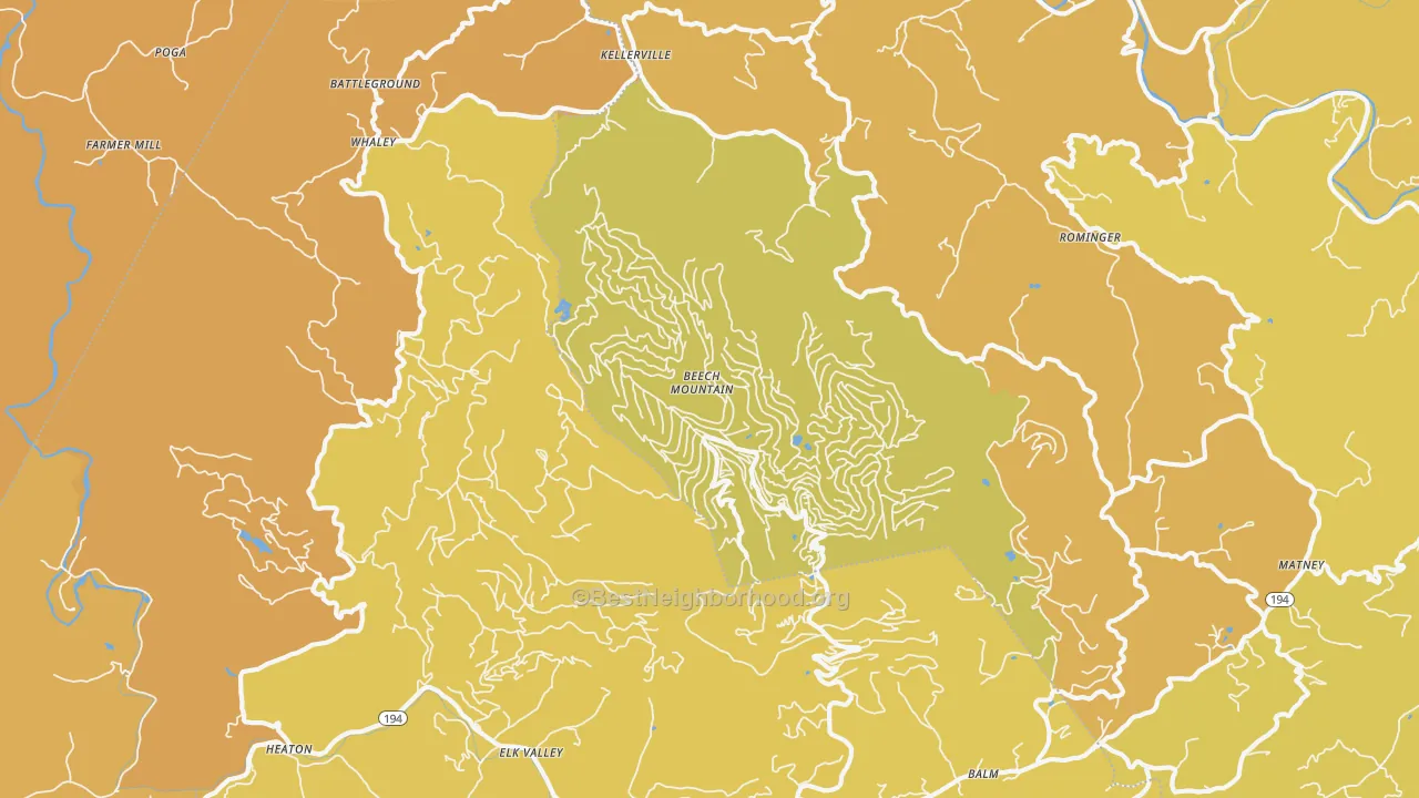 Map of the best neighborhoods in the Beech Mountain area, with better matches in green and worse matches in red
